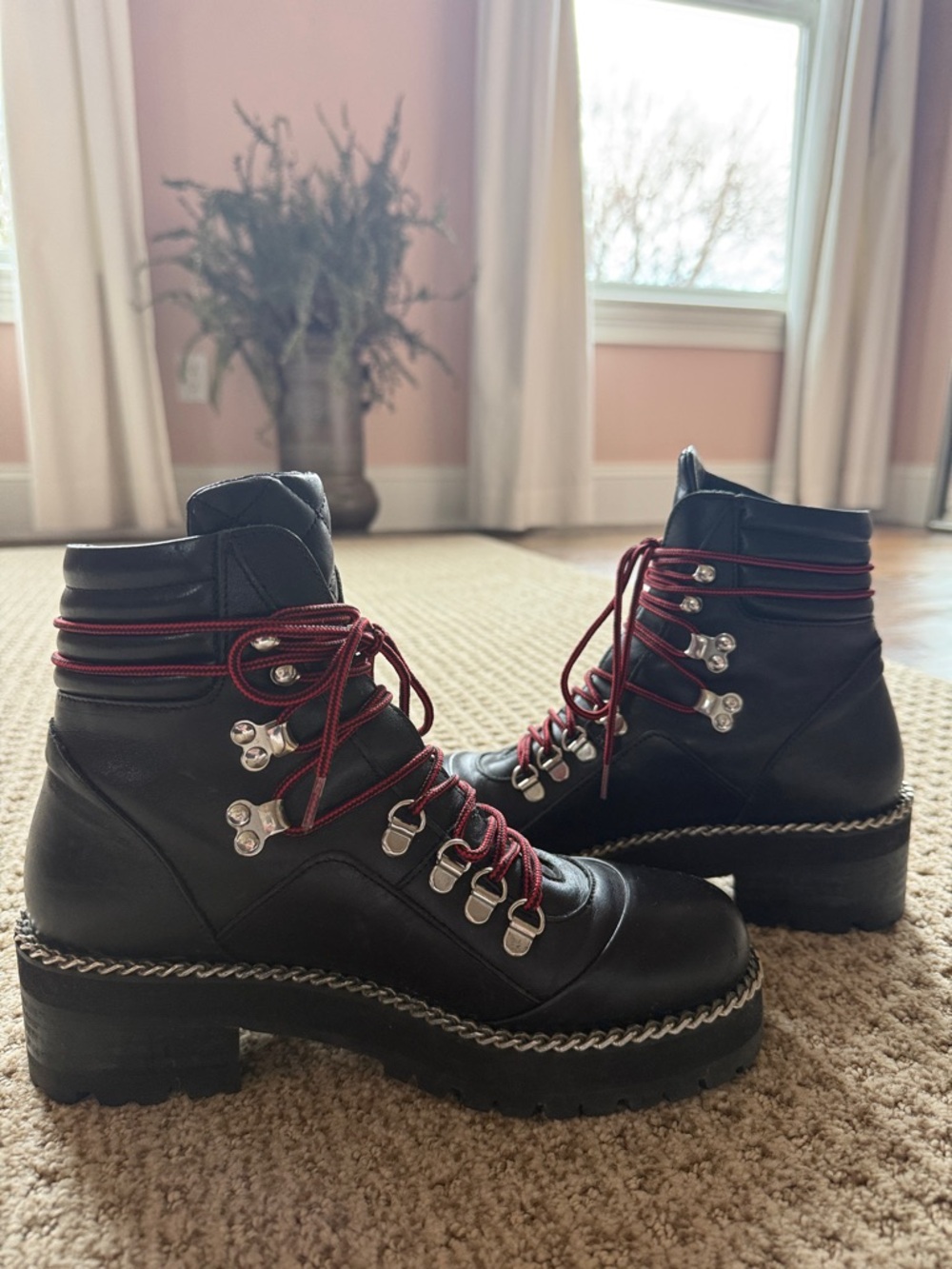 The Kooples Black Leather Lace-Up Chain-Trim Boots with Burgundy Laces